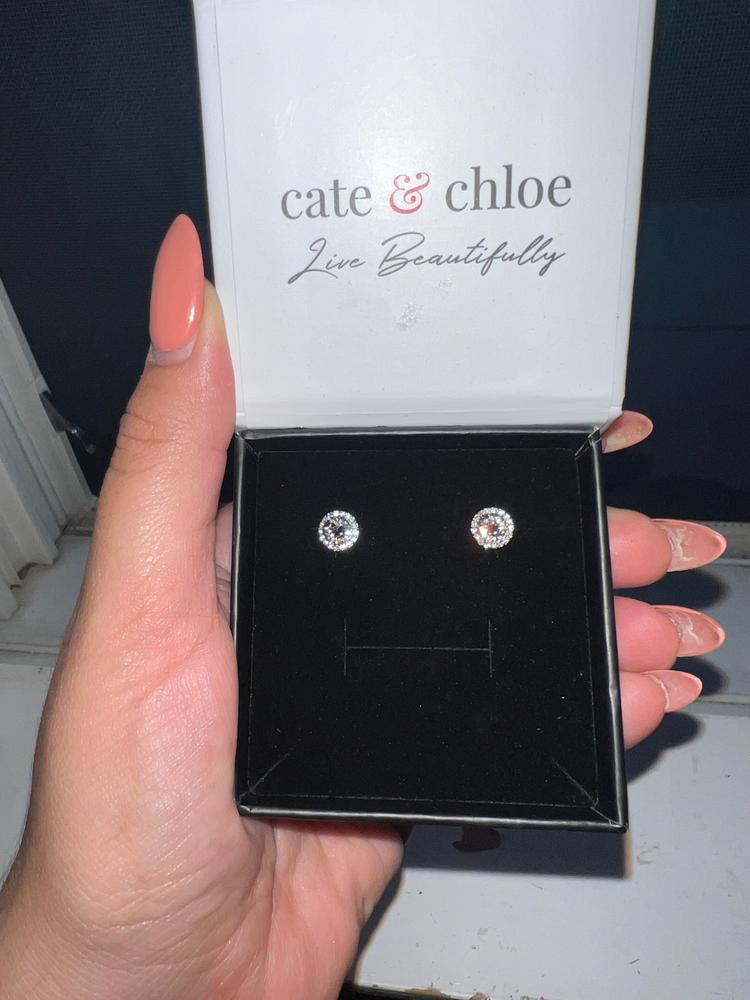 Royal 18k White Gold Plated Birthstone Halo Earrings with Round Cut Crystals - Customer Photo From EnaDia3