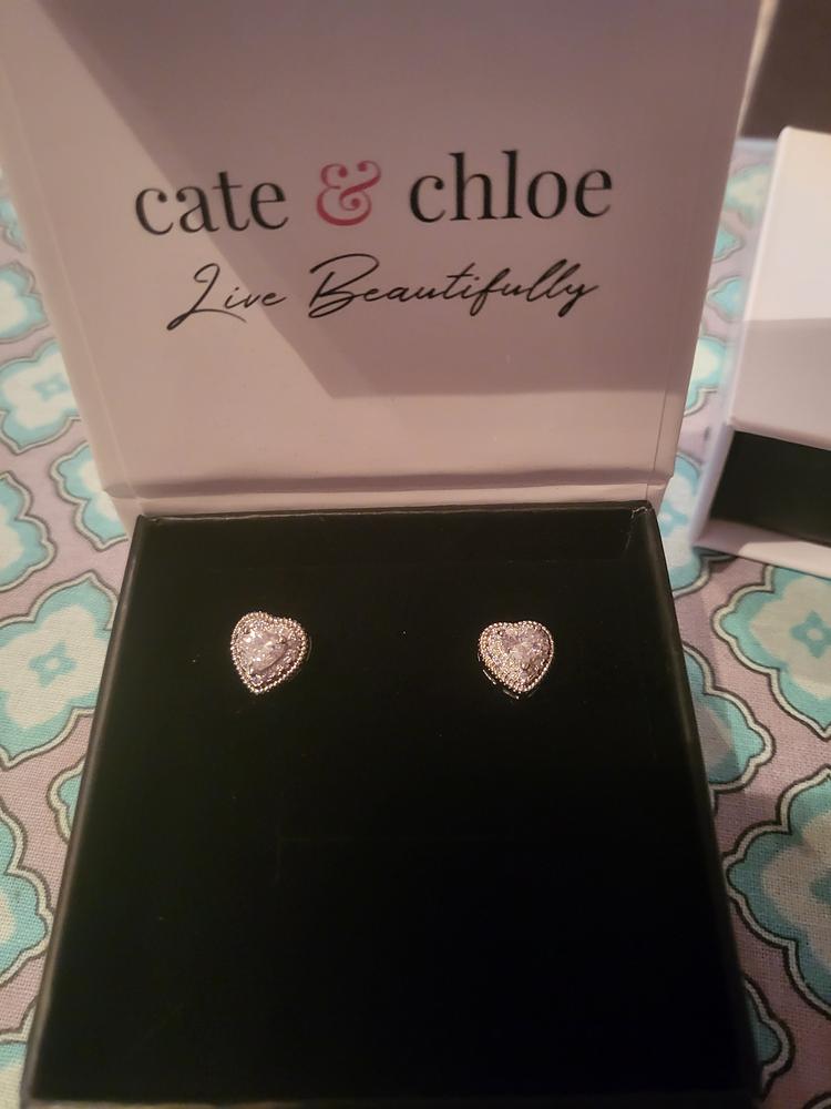 Donna 18k White Gold Plated Silver Heart Stud Earrings with Simulated Diamond Crystals - Customer Photo From Brittinee 