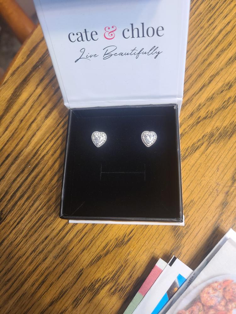 Donna 18k White Gold Plated Silver Heart Stud Earrings with Simulated Diamond Crystals - Customer Photo From GOLDIE