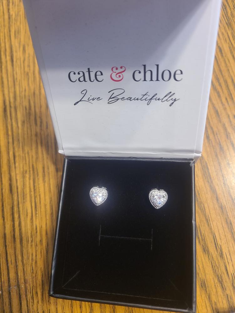 Donna 18k White Gold Plated Silver Heart Stud Earrings with Simulated Diamond Crystals - Customer Photo From GOLDIE