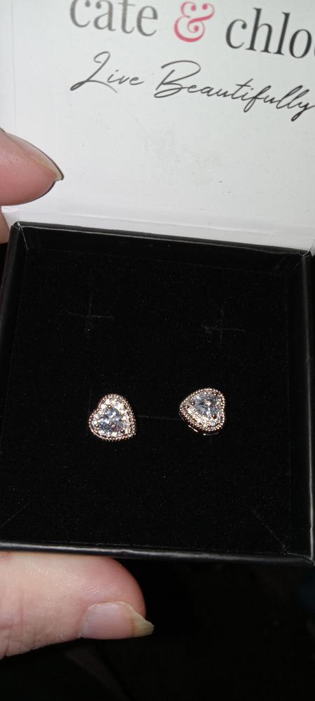 Donna 18k White Gold Plated Silver Heart Stud Earrings with Simulated Diamond Crystals - Customer Photo From Kelly S.