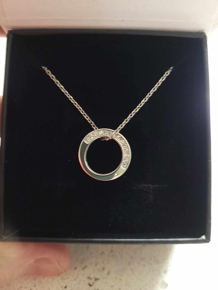 Vivianna 18k White Gold Plated Circle Pendant Necklace with Crystals - Customer Photo From TINA M.