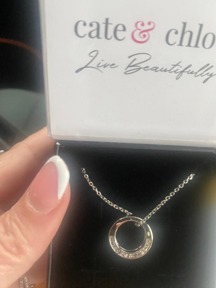 Vivianna 18k White Gold Plated Circle Pendant Necklace with Crystals - Customer Photo From Jayme E.