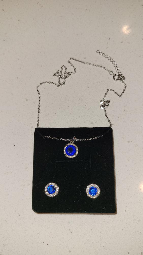 Gwendolyn 18k White Gold Round Cut CZ Halo Stud Earring and Necklace Set - Customer Photo From Kate T.