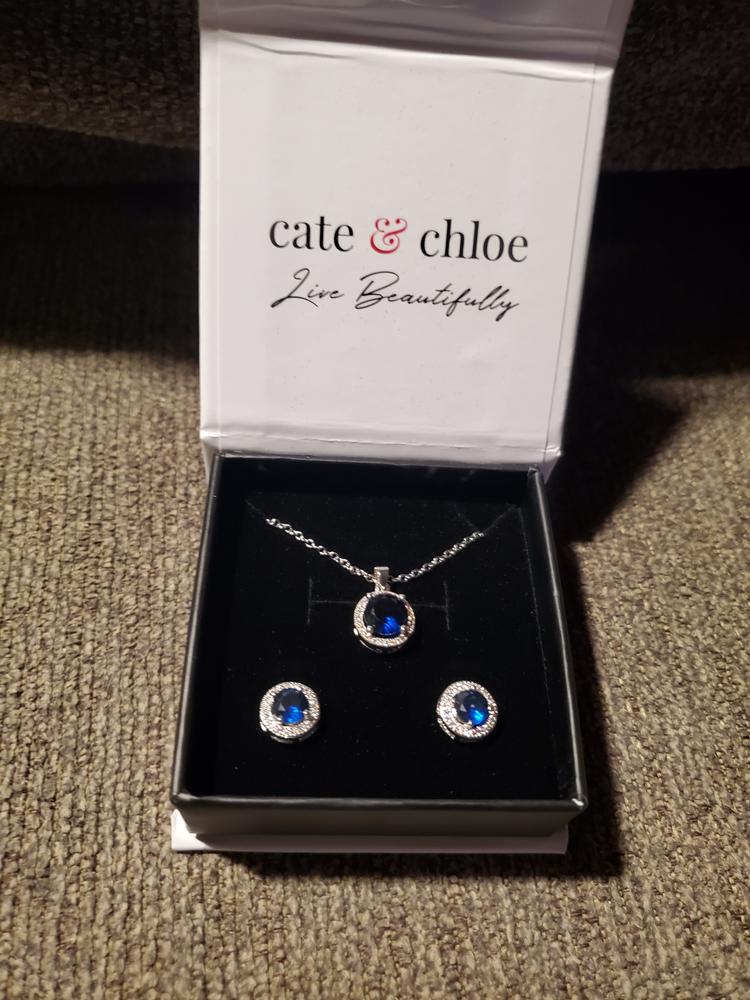 Gwendolyn 18k White Gold Round Cut CZ Halo Stud Earring and Necklace Set - Customer Photo From Musclecarmom