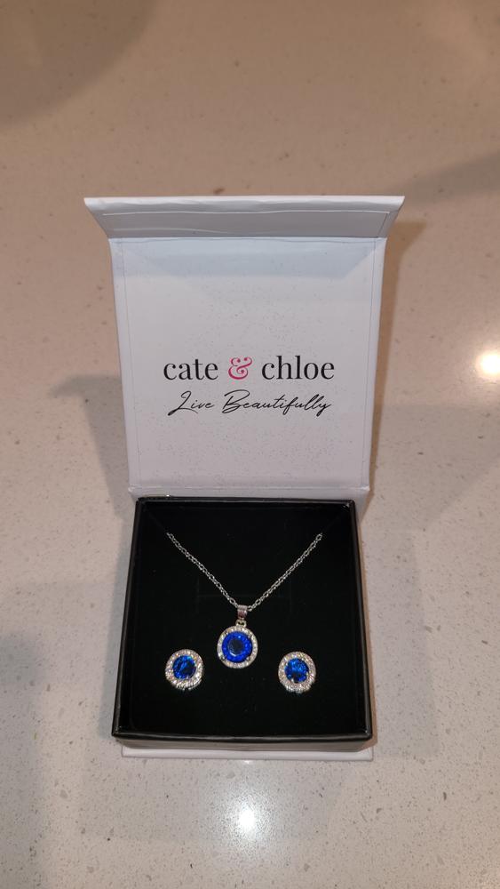 Gwendolyn 18k White Gold Round Cut CZ Halo Stud Earring and Necklace Set - Customer Photo From Kate T.