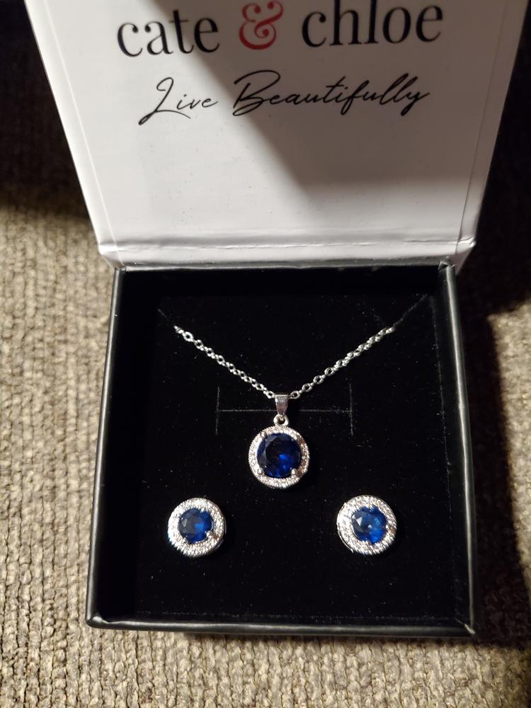 Gwendolyn 18k White Gold Round Cut CZ Halo Stud Earring and Necklace Set - Customer Photo From Musclecarmom