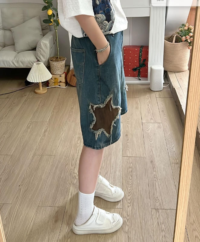 Street Trendy Star Patchwork Denim Shorts - Customer Photo From lucas.green