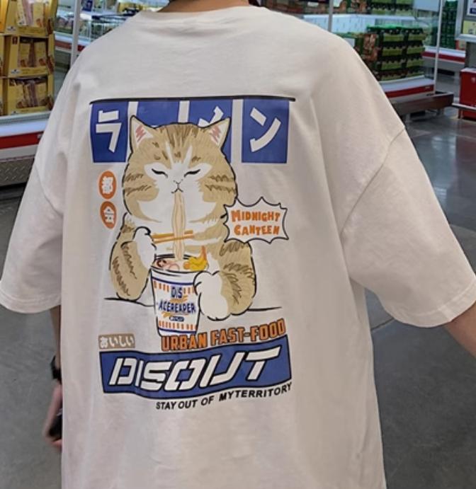 Japanese Greedy Cat Print T-shirt - Customer Photo From noah.hill