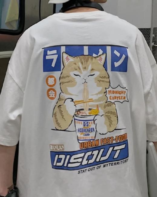 Japanese Greedy Cat Print T-shirt - Customer Photo From joseph.lee