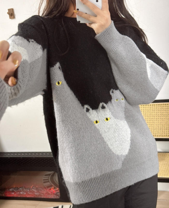 Cute Cat Color Block Sweater - Customer Photo From Cherie