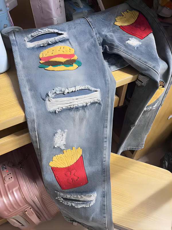 American Hamburger Fries Embroidered Jeans - Customer Photo From Louise