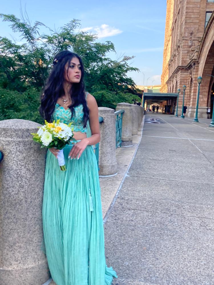 Buy Sea Green Skirt And Crop Top Set Adorned With Green