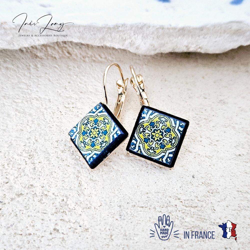 Portugal Tile Azulejo Gold Blue Earrings - Customer Photo From Halie H