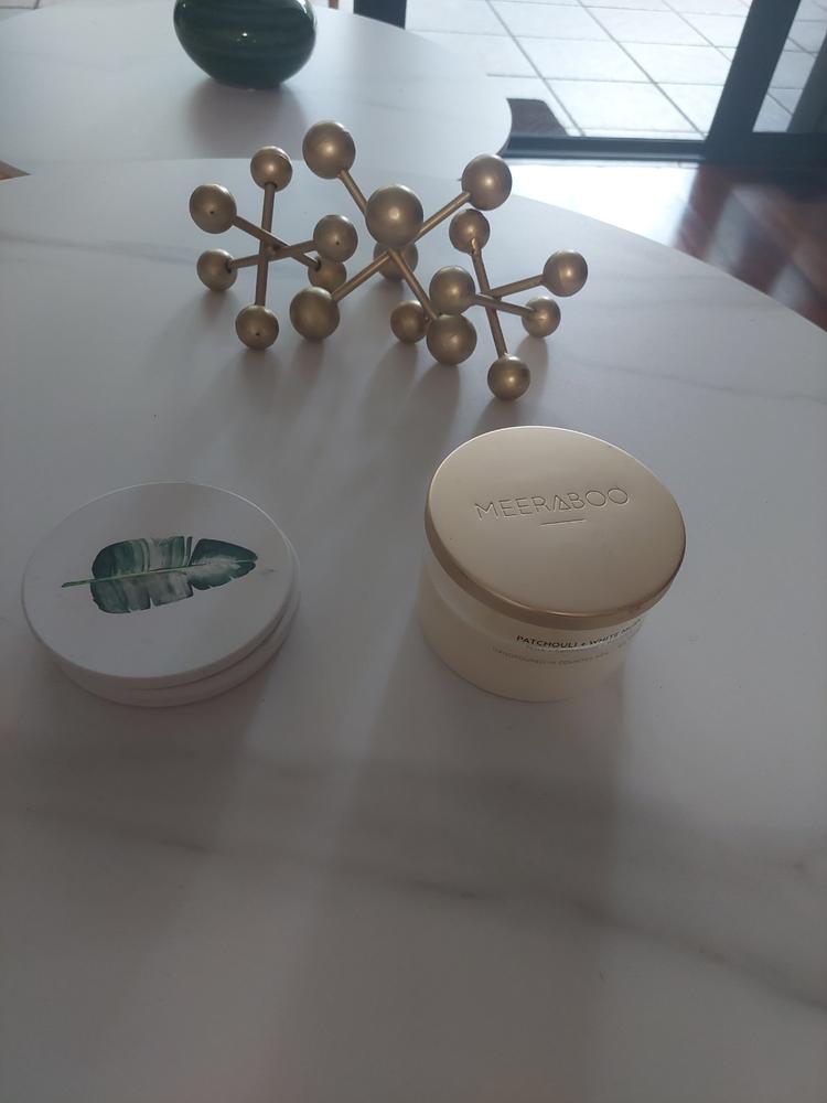 Patchouli + White Musk Gold Lid Soy Candle - Customer Photo From Theresa Cross