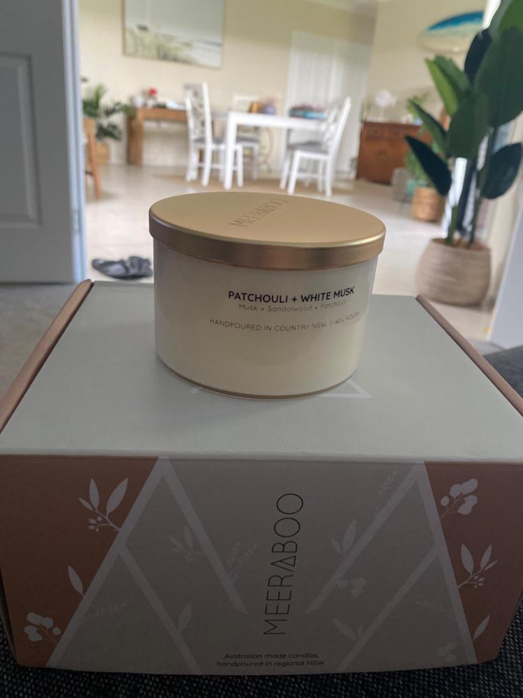 Patchouli + White Musk Gold Lid Soy Candle - Customer Photo From Liz Cook
