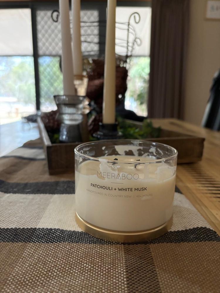 Patchouli + White Musk Gold Lid Soy Candle - Customer Photo From J P MCNAUGHTON