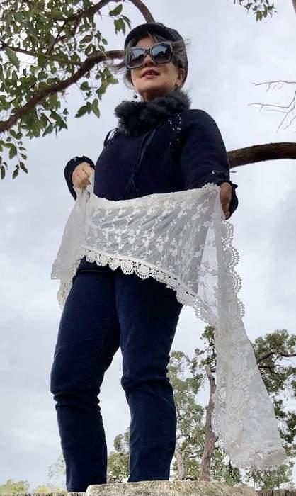 Off White Vintage Lace Scarf Wedding Shawl - Customer Photo From Christina M.