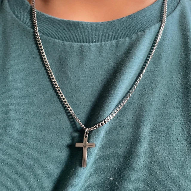Cross Necklace 3mm Cuban Chain Necklace for Man Minimalist Sterling Silver Cross Pendant Stainless Steel Necklace Gifts for Him - Customer Photo From Christina Martin