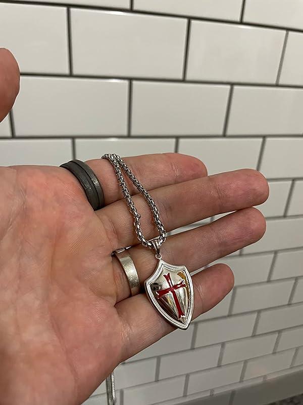 Sterling Silver Knights Templar Cross Joshua 1:9 Shield Necklace with Stainless Steel Chain Men