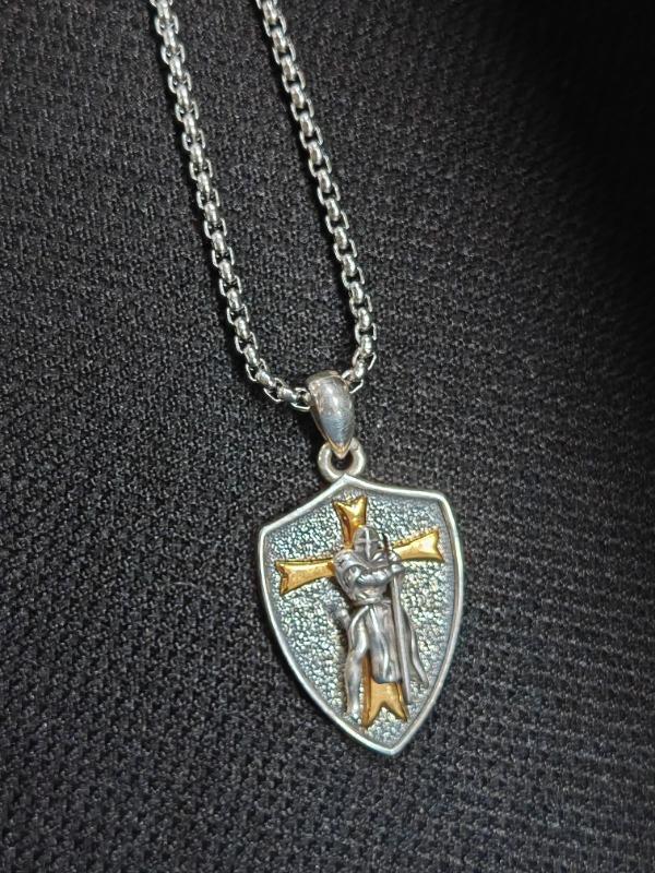 Sterling Silver Knights Templar Cross Joshua 1:9 Shield Necklace with Stainless Steel Chain Men