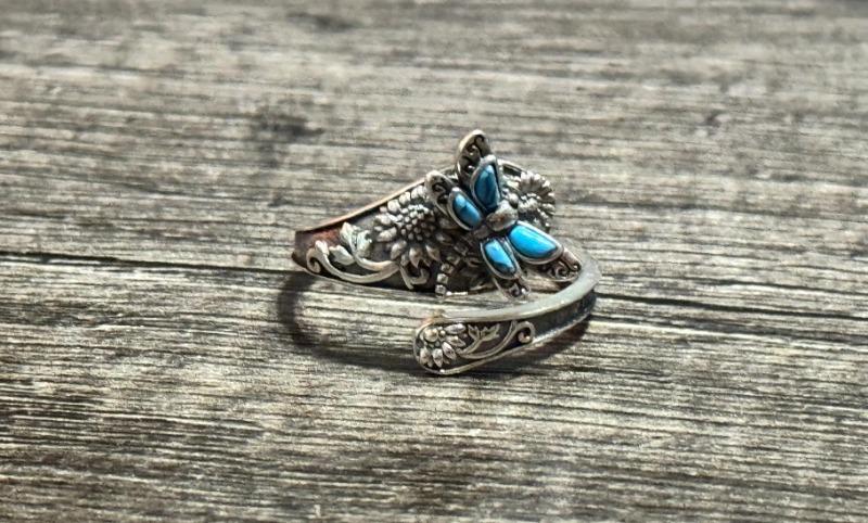 S925 Sterling Silver Turquoise Dragonfly/Butterfly Spoon Ring Oxidized Wrap Ring  Gifts for Women Girls - Customer Photo From Candace Goulet