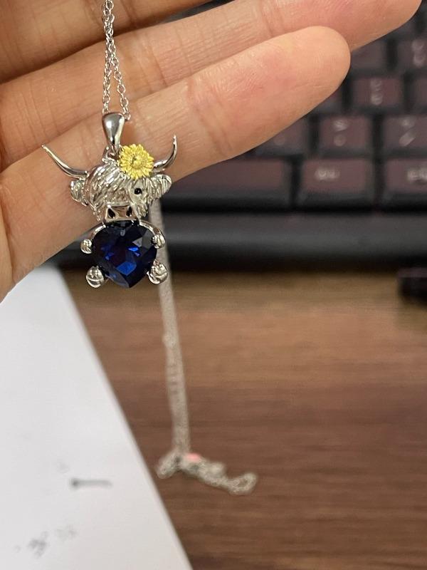 Sterling Silver Heart Birthstone Highland Cow Pendant Necklace - Customer Photo From T. Young