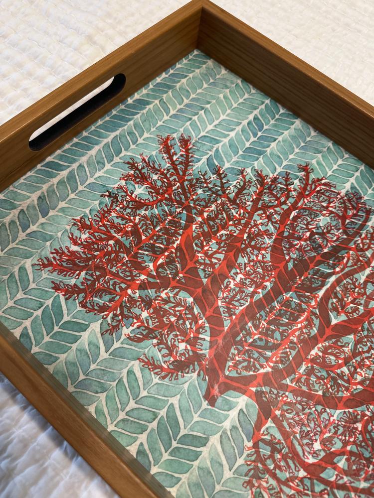 Handcrafted Wooden Tray with Coral Design - Elegant Coastal Home Decor - Customer Photo From Betty J