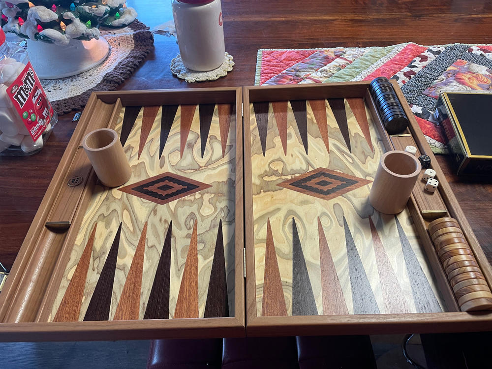 Premium Handcrafted Olive Burl Backgammon Set with Olive Wood Checkers - Customer Photo From PAT HARRIGAN