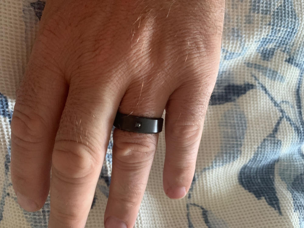 The Henry Black Zirconium with Bevelled Edge Black Diamond Wedding Ring - Customer Photo From Sharon Geiles