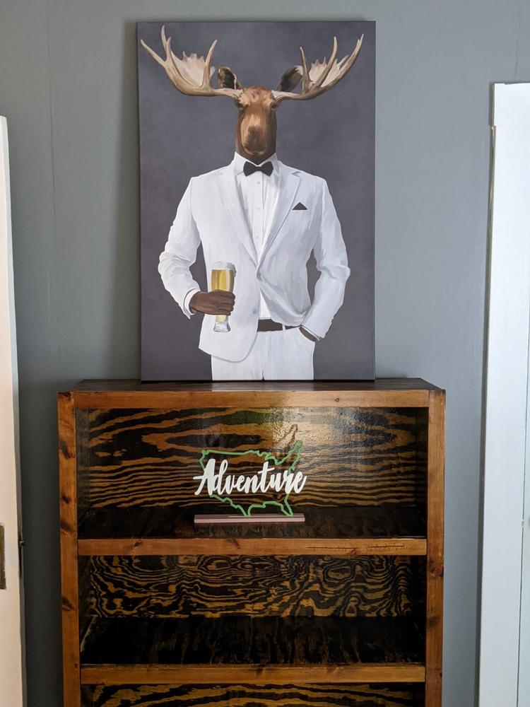 Moose Drinking Beer Wall Art - White Suit - Customer Photo From Heather D.