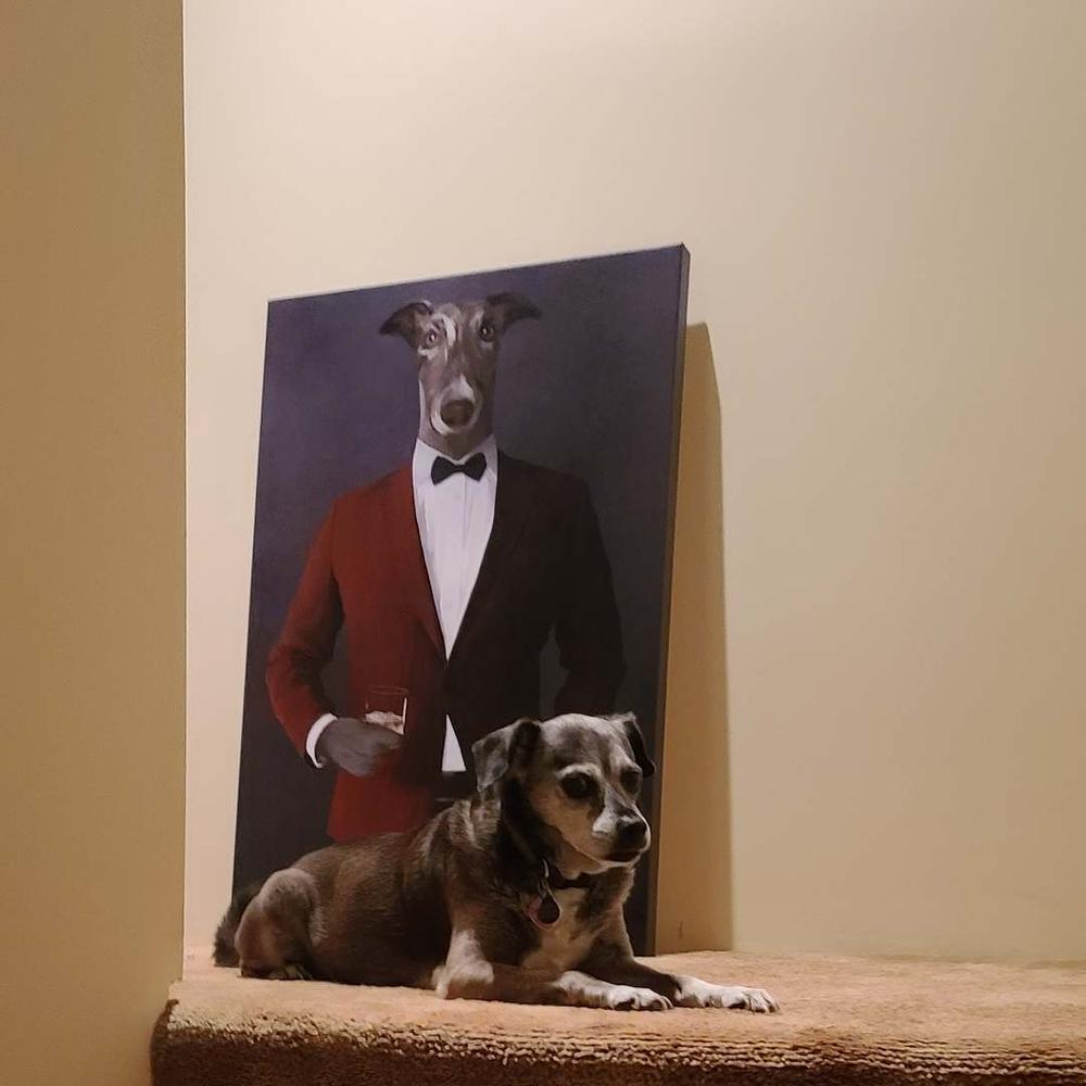 Greyhound Drinking Whiskey Wall Art - Red and Black Suit - Customer Photo From Cristian M.