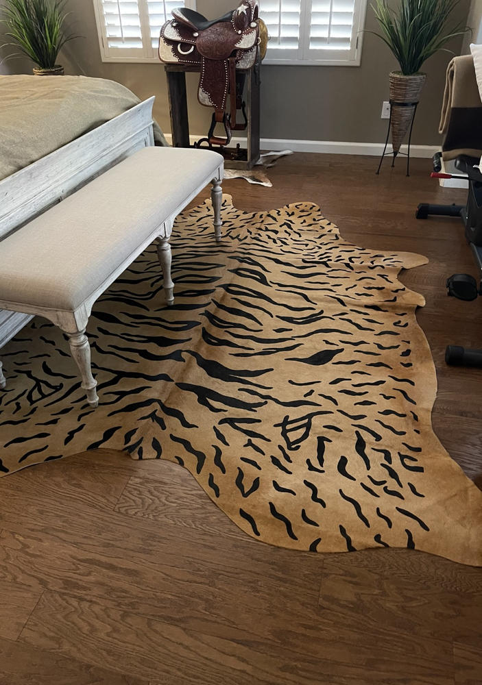 Tiger on Caramel Cowhide Rug - Customer Photo From Cindy Gregory