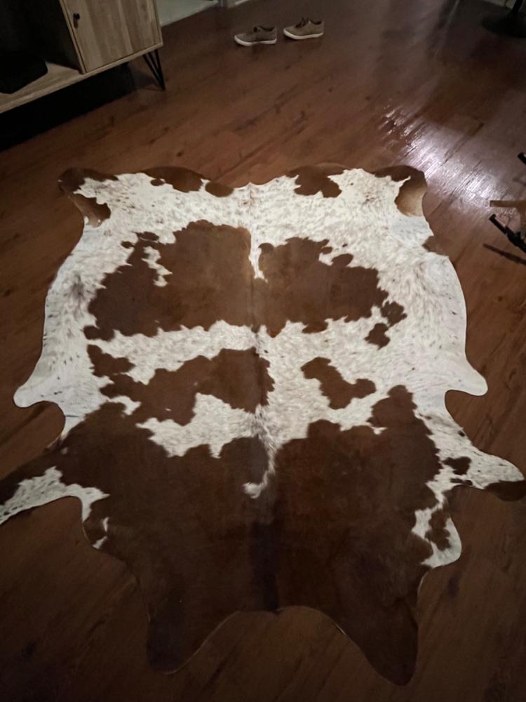 Brown and White Brazilian Cowhide Rug: XL - Customer Photo From Alex Morris