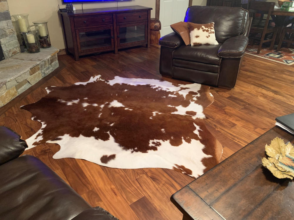 Brown and White Brazilian Cowhide Rug: XL - Customer Photo From Francine Morash