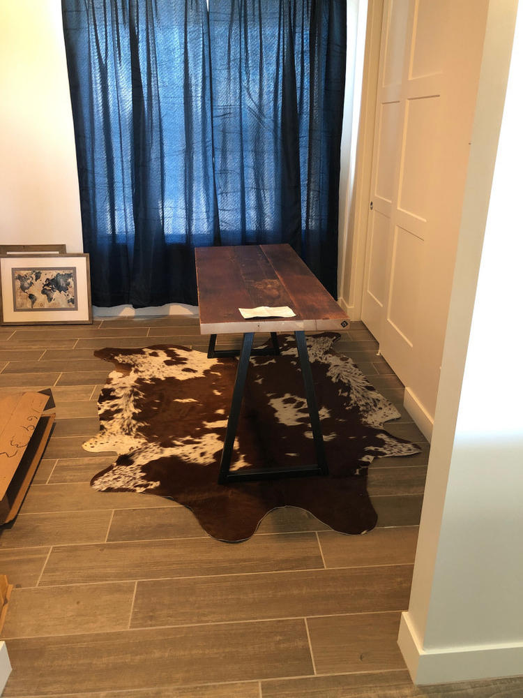 Brown and White Brazilian Cowhide Rug: XL - Customer Photo From Jenna Cook