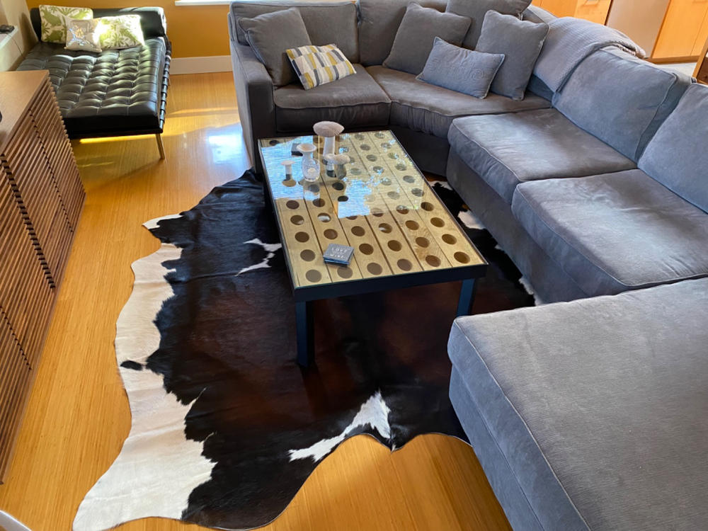 Chocolate and White Brazilian Cowhide Rug: XXL - Customer Photo From Kimberlee Nicholls
