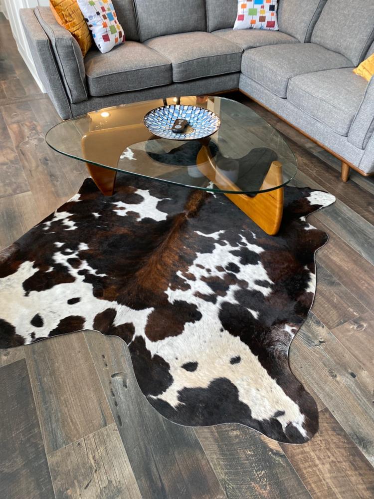 Tricolor Brazilian Cowhide Rug: XL - Customer Photo From Penny G.