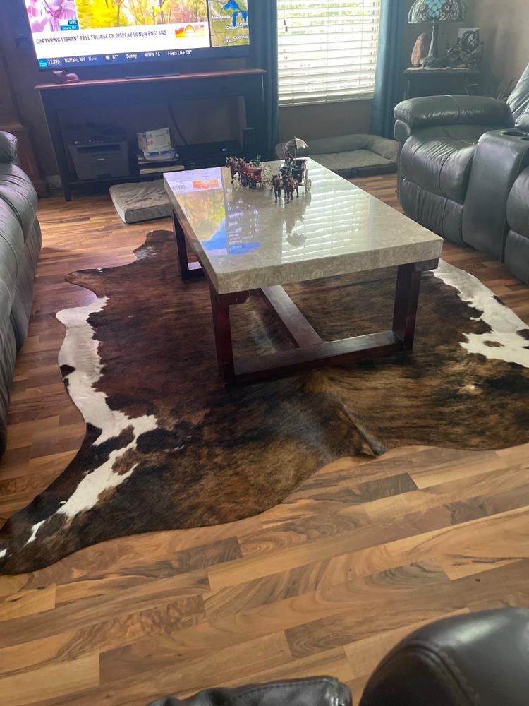 Cowhide Rug Tricolor Brindle Mix - Customer Photo From Hilary Spenceley