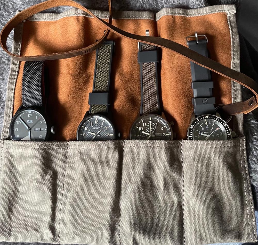Khaki & Tan Waxed Canvas & Velvet Watch Roll - Four Slots - Customer Photo From Anonymous