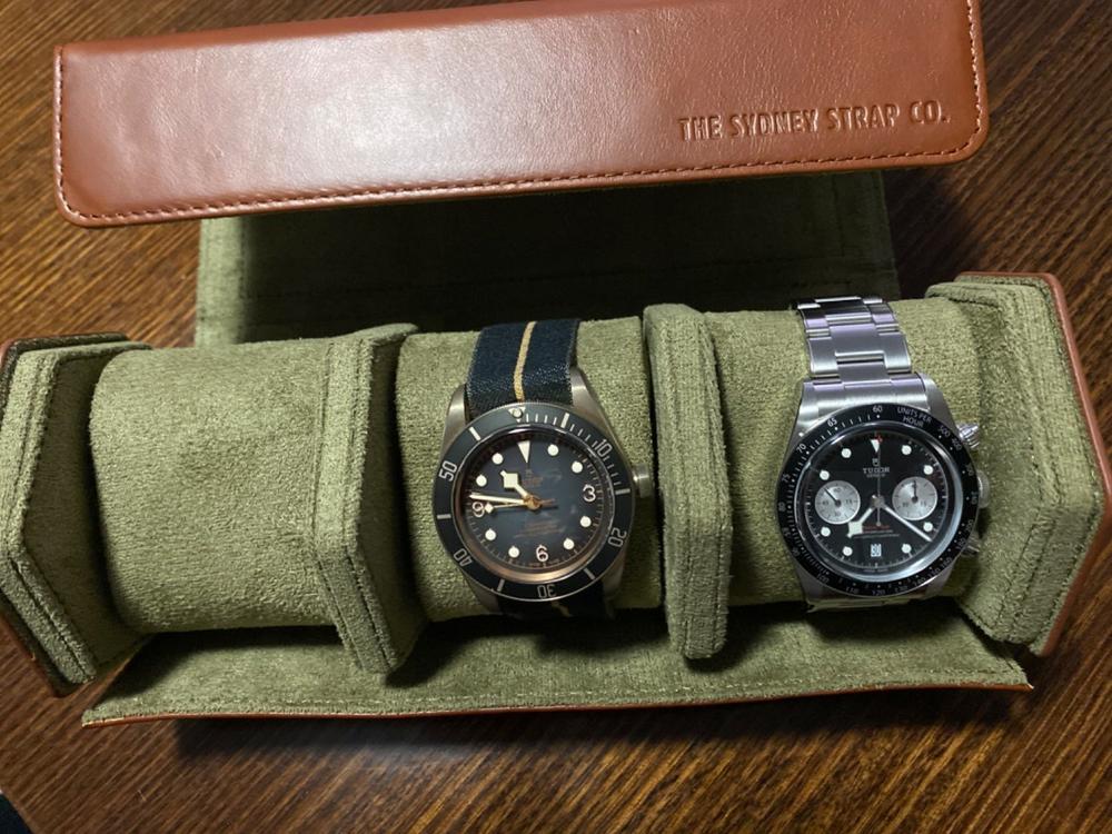 Hexagonal Leather Three Watch Storage Case in Oak and Army Green - Customer Photo From Anonymous