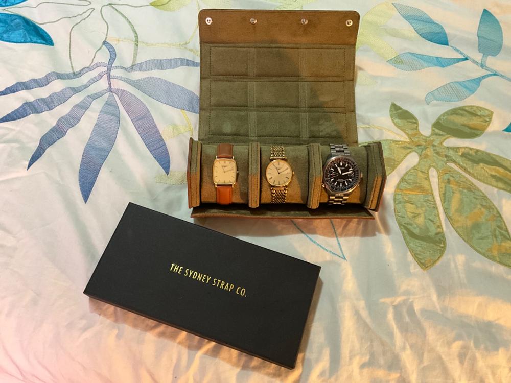 Hexagonal Leather Three Watch Storage Case in Oak and Army Green - Customer Photo From Adrian L.