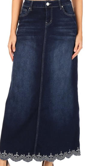 Dark Indigo Eyelet Maxi Denim Skirt: XS-3X Arrives in Stock:  1/10 and 1/12 - Customer Photo From Trena Short