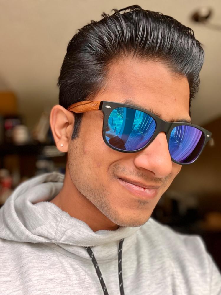 Zebra wood classic style sunglasses with blue mirrored polarized lenses - bamboo box - Customer Photo From Puneet Anand