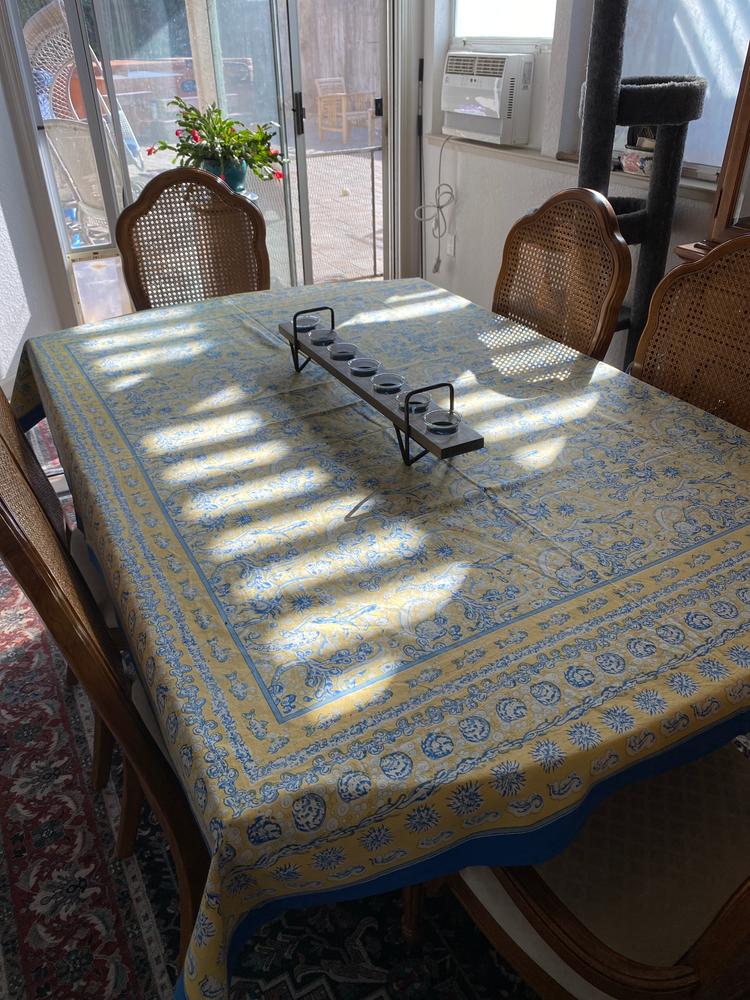 French Tablecloth La Mer Blue & Yellow - Customer Photo From Margaret Lomax