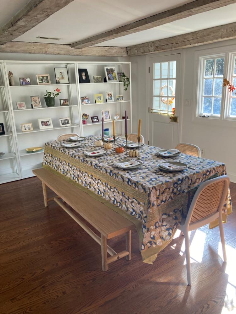 French Tablecloth Forest Harvest Mustard & Blue - Customer Photo From Anna Hurley