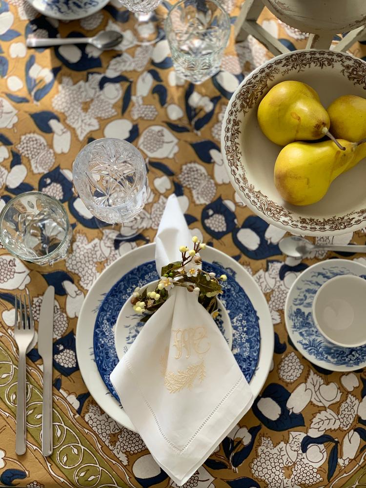 French Tablecloth Forest Harvest Mustard & Blue - Customer Photo From Stephanie Beene-Smith