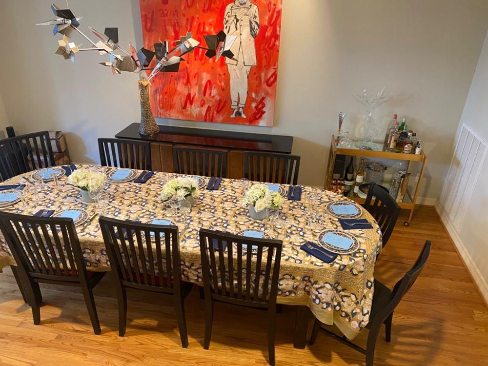 French Tablecloth Forest Harvest Mustard & Blue - Customer Photo From Vicki Pasternak