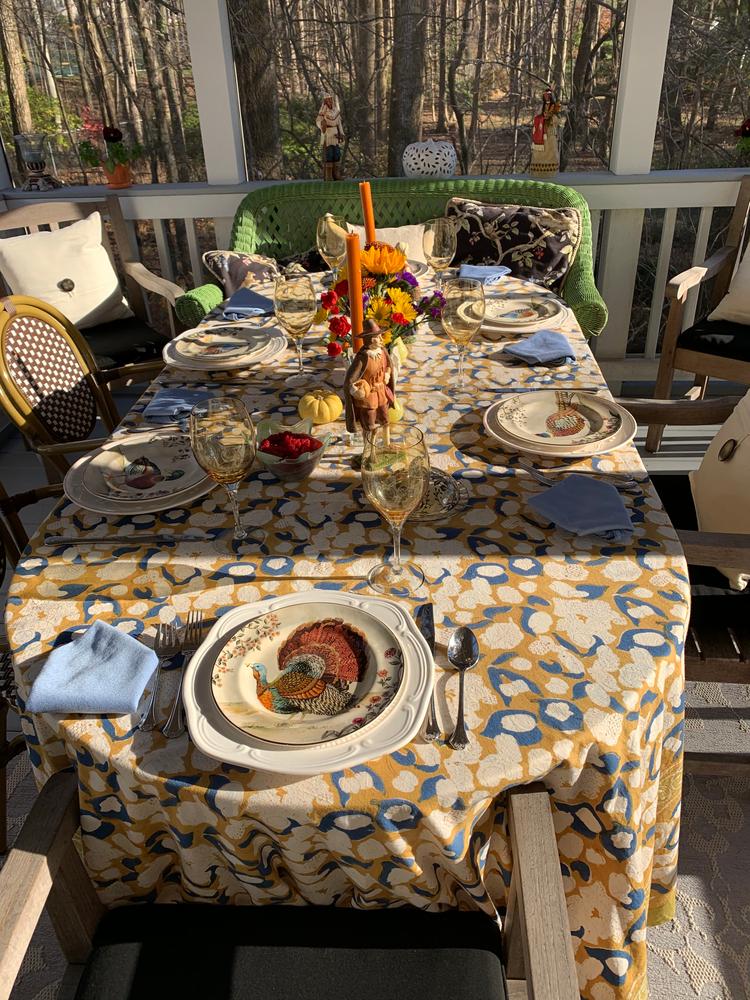 French Tablecloth Forest Harvest Mustard & Blue - Customer Photo From Mary