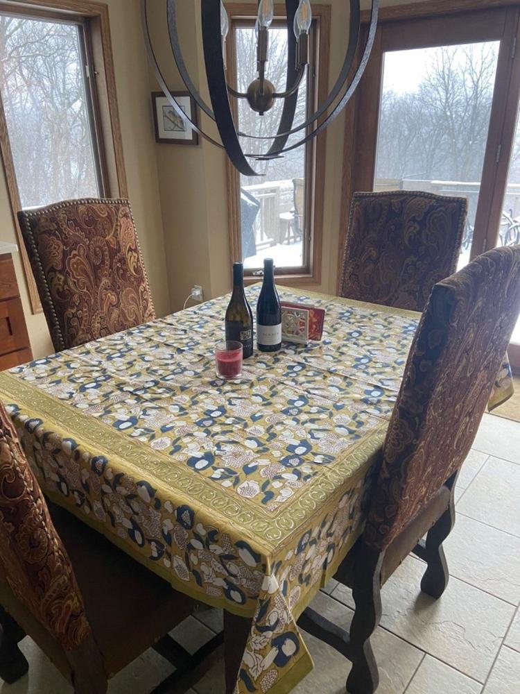 French Tablecloth Forest Harvest Mustard & Blue - Customer Photo From Pat Schultz